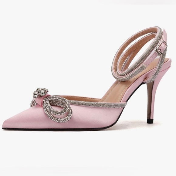 Women’s Diamanté Bow Pionted Toe Santin Dress Sandal Heels Shoes Size 5.5 New - Picture 5 of 12